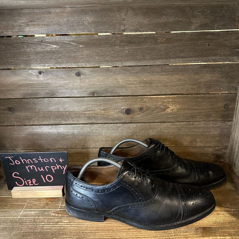 Mens Johnston & Murphy Black Leather Cap Toe Dress Oxfords Shoes Size 10 M GUC